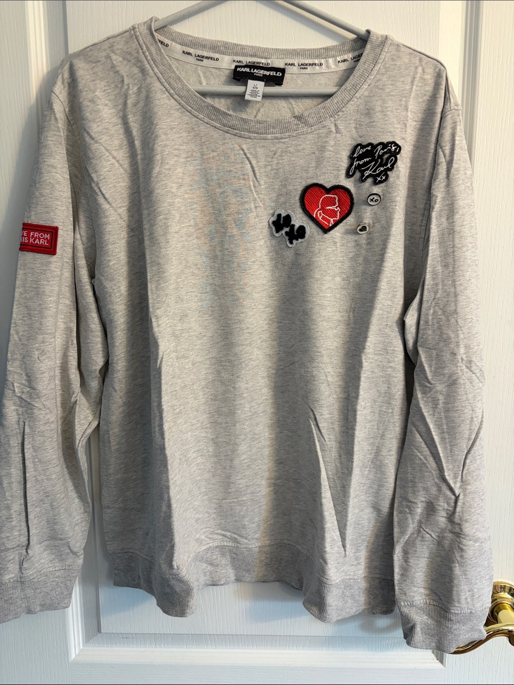 Karl Lagerfeld Light Gray Crewneck Sweatshirt with Red Heart Patch